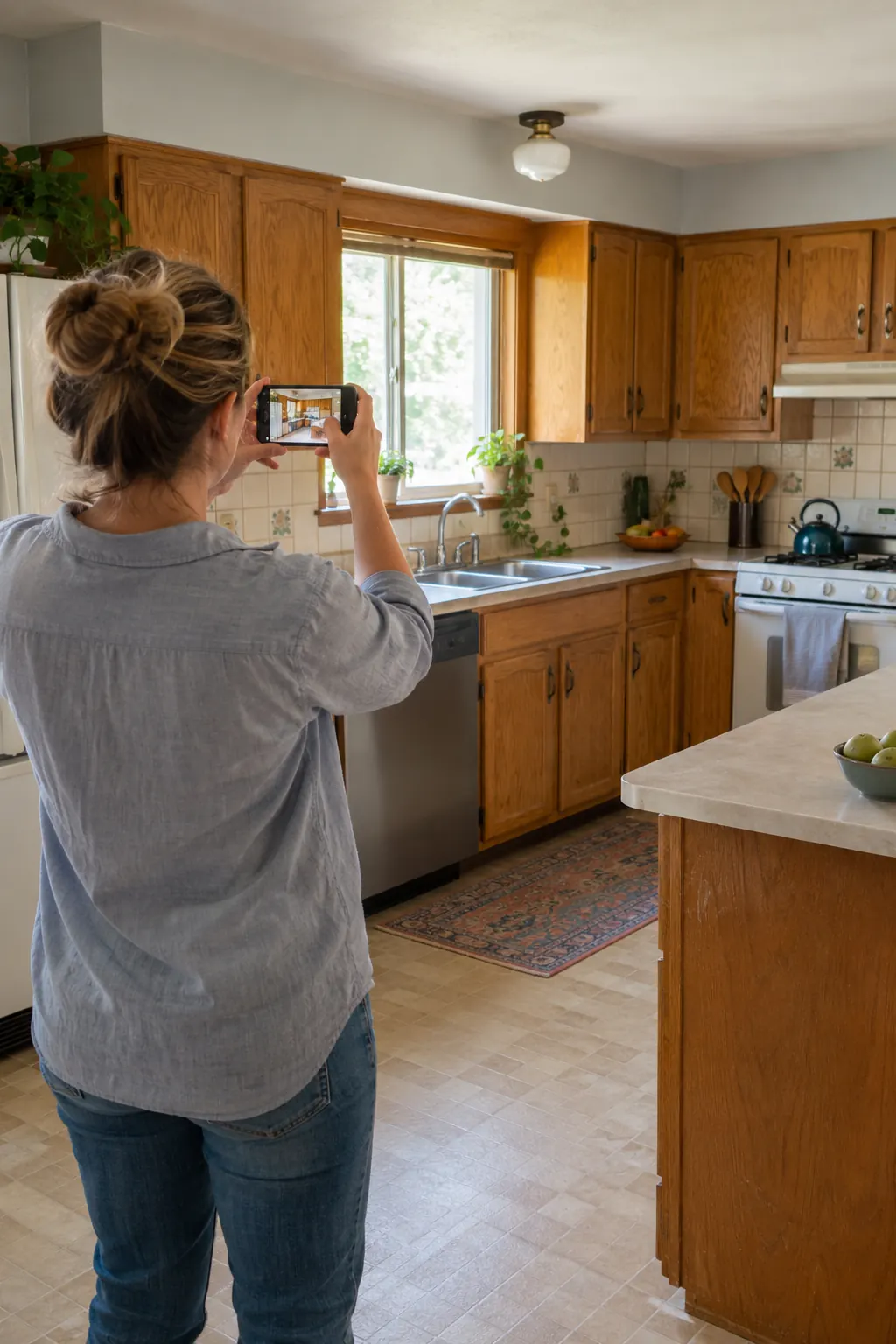 A homeowner photographs an outdated kitchen before a renovation
